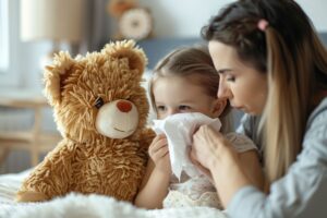 Mãe ajudando a filha com a rinite alérgica